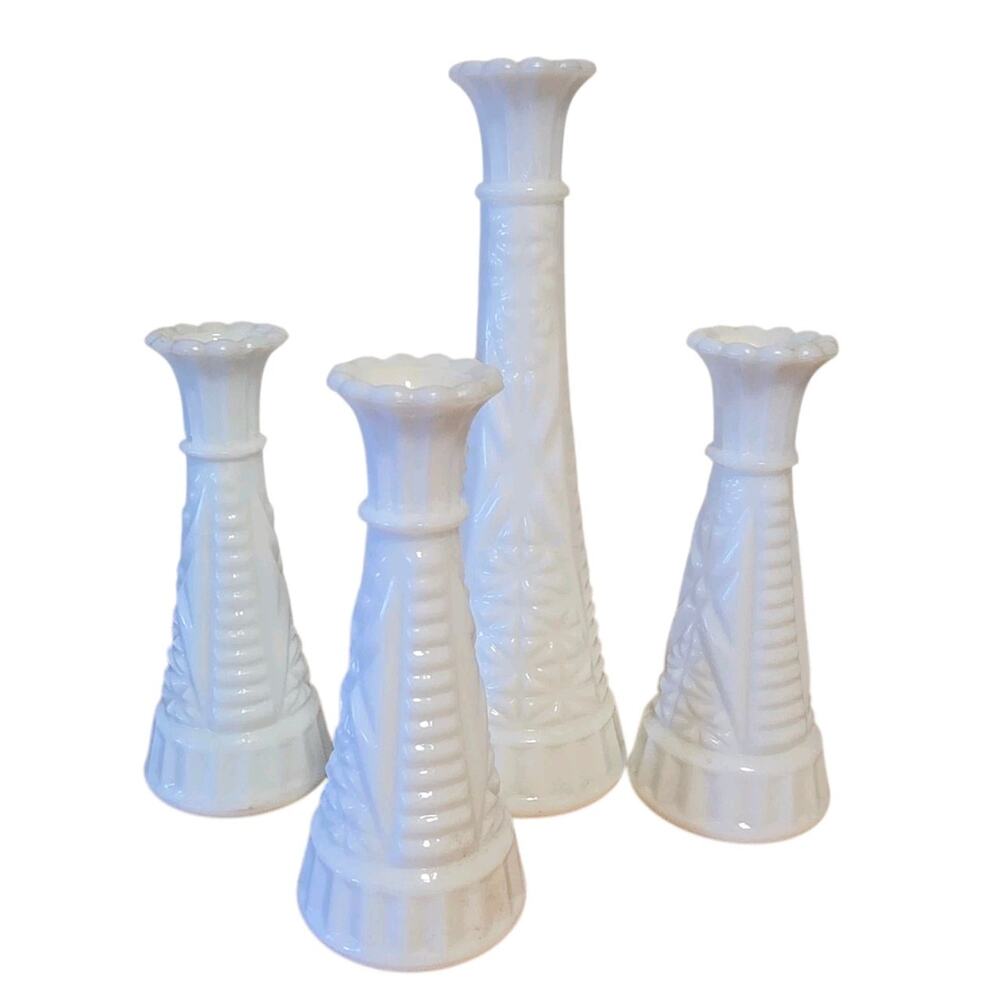 Set of 4 Vintage Anchor Hocking Milk Glass Stars and Bars Bud Vases 6" and 9"